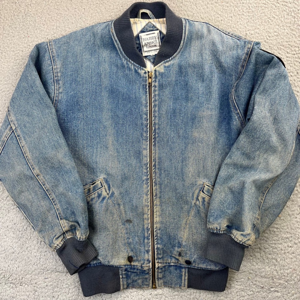 Vintage Hardy Amies Denim Bomber Jacket London Mens M Blue Motorcycle Patch